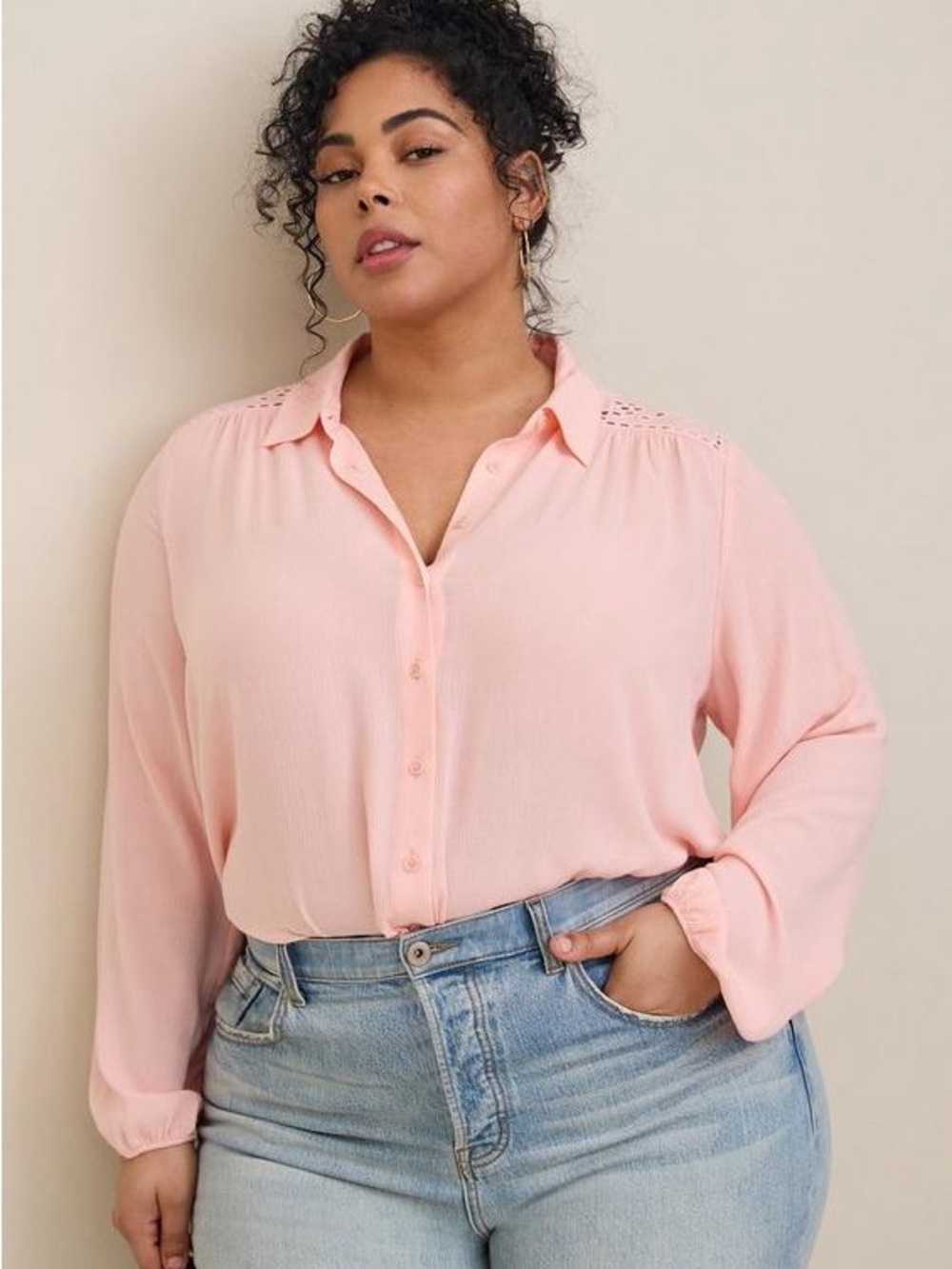 Torrid Madison Gauze Embroidered Pink Shirt 3X Puffy Long Sleeves
